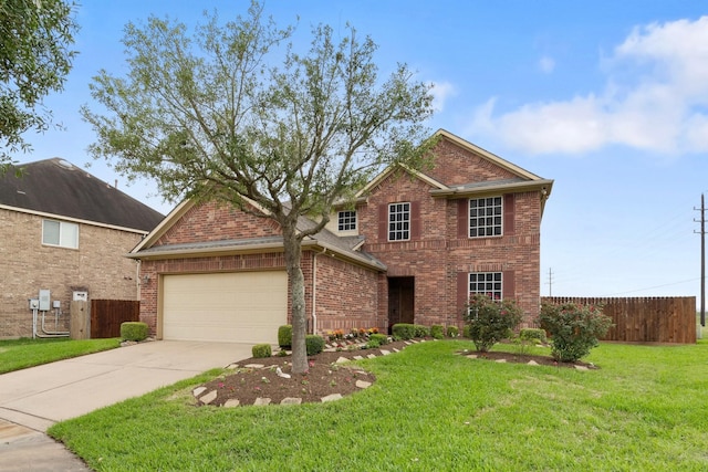 traditional home featuring driveway, a front yard, and fence