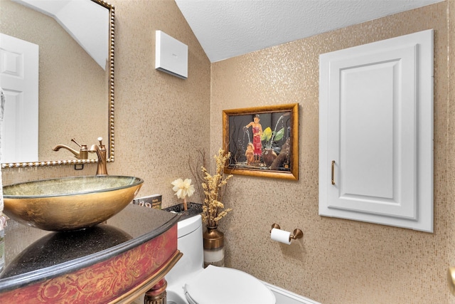 half bathroom with toilet, lofted ceiling, vanity, and a textured ceiling