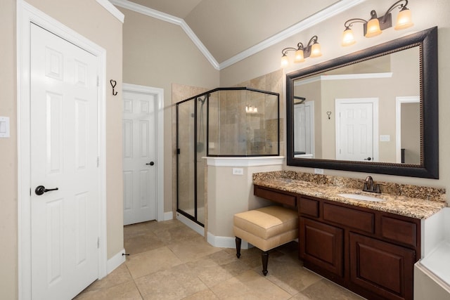 24636 Hosford Meadows Dr, Porter, TX 77365 - bathroom with a stall shower, lofted ceiling, tile patterned flooring, vanity, and ornamental molding
