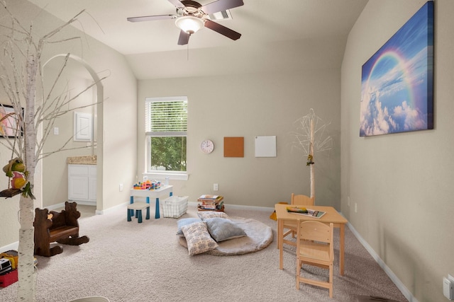 24636 Hosford Meadows Dr, Porter, TX 77365 - recreation room featuring vaulted ceiling, carpet, a ceiling fan, and baseboards