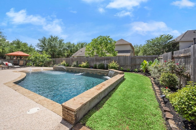 24636 Hosford Meadows Dr, Porter, TX 77365 - view of pool with a fenced in pool, a patio area, a fenced backyard, and a lawn