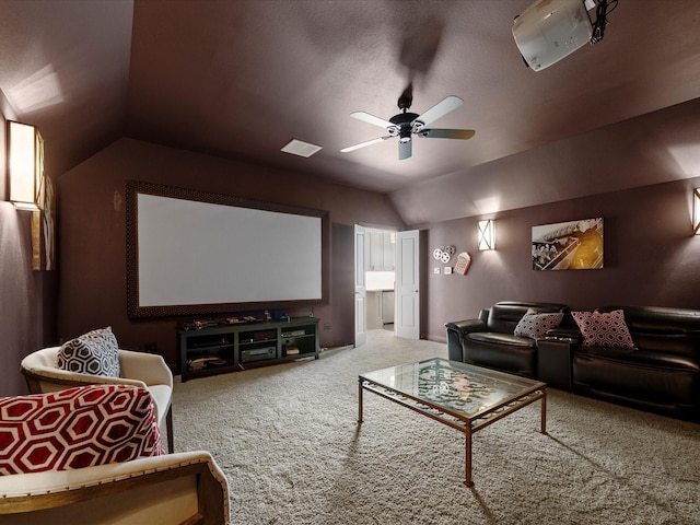 10539 Crestwater Cir, Magnolia, TX 77354 - carpeted cinema room featuring vaulted ceiling and a ceiling fan