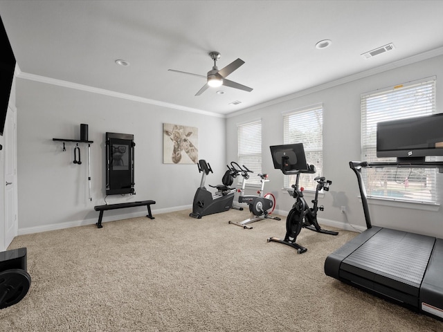 10539 Crestwater Cir, Magnolia, TX 77354 - exercise room featuring ornamental molding, a ceiling fan, baseboards, and carpet