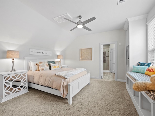 10539 Crestwater Cir, Magnolia, TX 77354 - bedroom with light colored carpet, baseboards, vaulted ceiling, and a ceiling fan