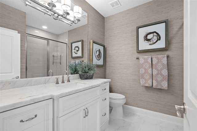 10539 Crestwater Cir, Magnolia, TX 77354 - full bathroom with a shower stall, marble finish floors, toilet, vanity, and a chandelier