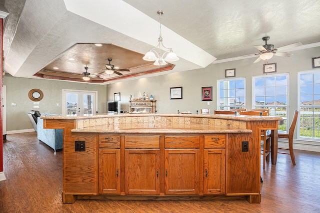 kitchen featuring ceiling fan with notable chandelier, open floor plan, baseboards, and dark wood-style floors