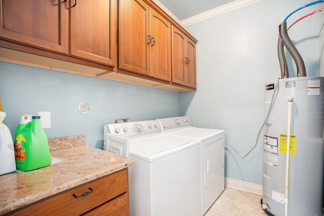 laundry room featuring washing machine and clothes dryer, crown molding, electric water heater, cabinet space, and light tile patterned floors