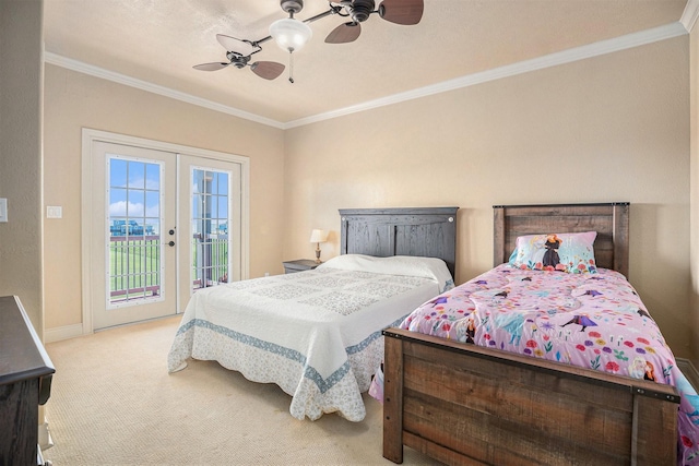 bedroom featuring carpet, a ceiling fan, ornamental molding, french doors, and access to outside