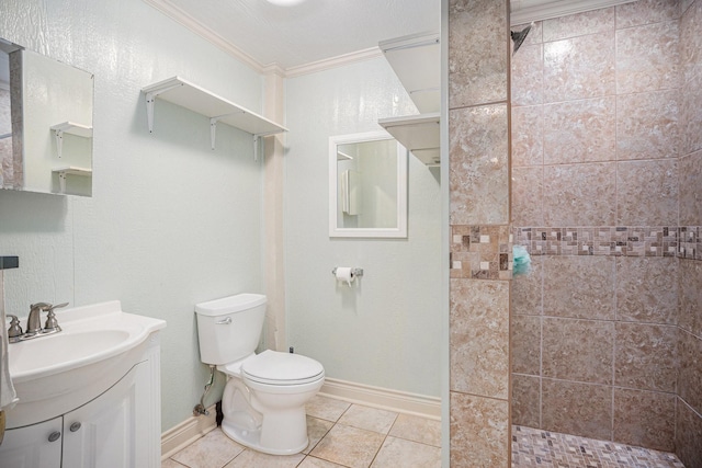 full bath featuring tile patterned floors, toilet, vanity, crown molding, and tiled shower