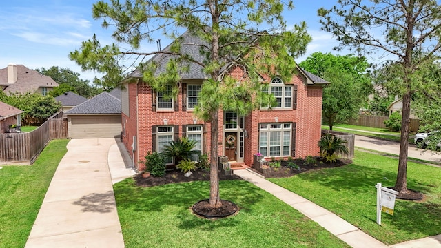 view of front of property featuring fence, a front yard, brick siding, and a garage