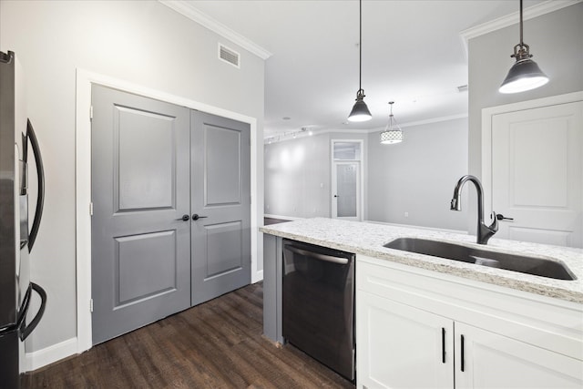 kitchen featuring dishwashing machine, a sink, freestanding refrigerator, light stone countertops, and crown molding