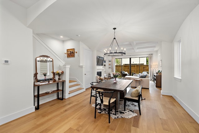 805 Fisher St Unit B, Houston, TX 77018 - dining room with a chandelier, stairs, light wood finished floors, recessed lighting, and coffered ceiling
