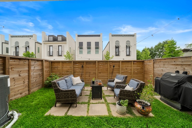 805 Fisher St Unit B, Houston, TX 77018 - fenced backyard featuring outdoor lounge area, a grill, a patio, and central air condition unit