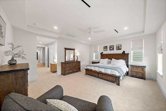 805 Fisher St Unit B, Houston, TX 77018 - bedroom featuring a raised ceiling, light colored carpet, baseboards, recessed lighting, and ceiling fan