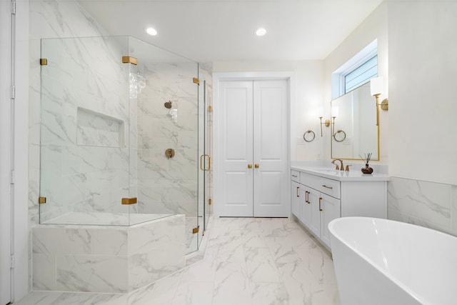 805 Fisher St Unit B, Houston, TX 77018 - bathroom with a soaking tub, a marble finish shower, vanity, marble finish floors, and recessed lighting
