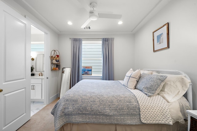 805 Fisher St Unit B, Houston, TX 77018 - bedroom with a sink, recessed lighting, crown molding, connected bathroom, and ceiling fan