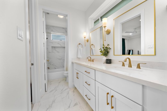 805 Fisher St Unit B, Houston, TX 77018 - bathroom featuring marble finish flooring, double vanity, toilet, and shower / bath combination