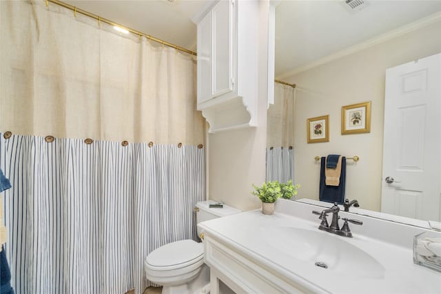 2104 Olympic Dr, League City, TX 77573 - bathroom featuring toilet, ornamental molding, vanity, and visible vents