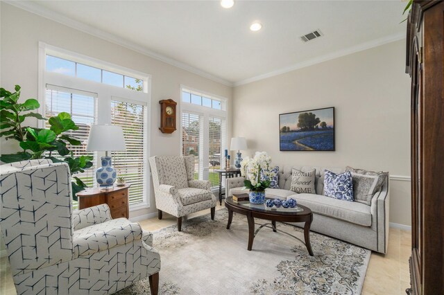 2104 Olympic Dr, League City, TX 77573 - living room featuring recessed lighting, visible vents, crown molding, and baseboards