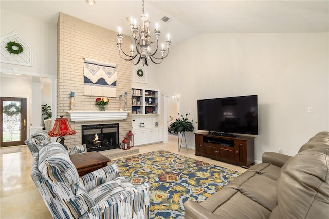 2104 Olympic Dr, League City, TX 77573 - living area featuring high vaulted ceiling, an inviting chandelier, a brick fireplace, and visible vents