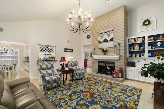 2104 Olympic Dr, League City, TX 77573 - living area with high vaulted ceiling, an inviting chandelier, light tile patterned flooring, and a brick fireplace
