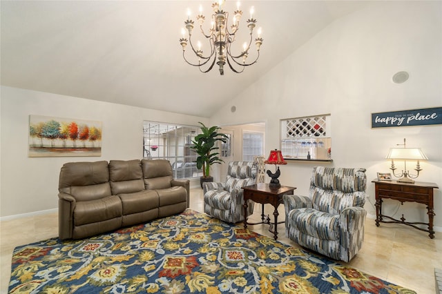 2104 Olympic Dr, League City, TX 77573 - tiled living room with baseboards, high vaulted ceiling, and an inviting chandelier