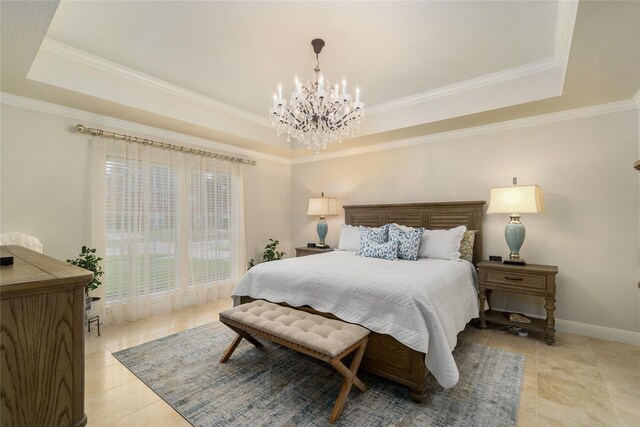2104 Olympic Dr, League City, TX 77573 - bedroom featuring a raised ceiling, light tile patterned flooring, baseboards, a notable chandelier, and ornamental molding