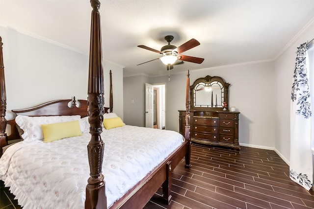 bedroom featuring ceiling fan, baseboards, ornamental molding, and dark wood-style floors