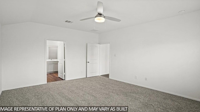 unfurnished bedroom with connected bathroom, baseboards, dark colored carpet, and visible vents