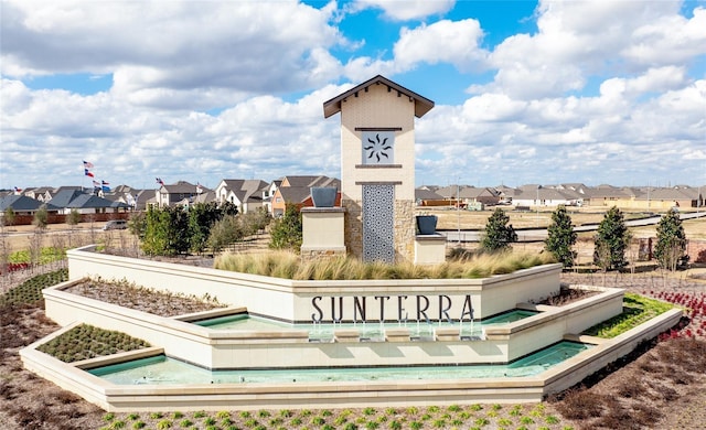 community / neighborhood sign featuring a residential view