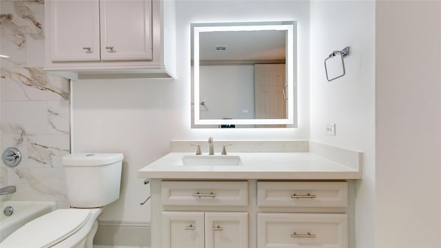 bathroom featuring shower / bath combination, visible vents, toilet, and vanity