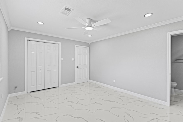 unfurnished bedroom with visible vents, baseboards, marble finish floor, and recessed lighting