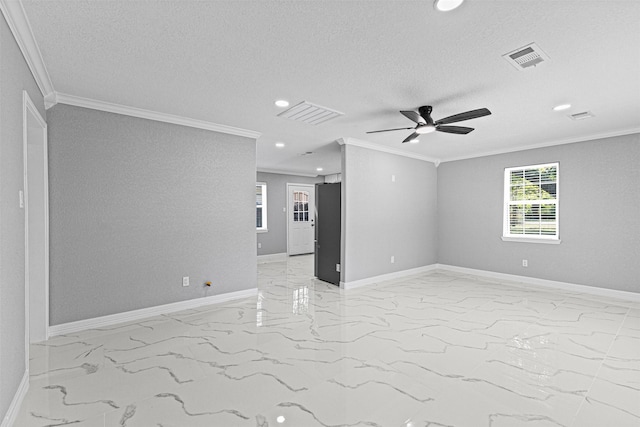 spare room featuring crown molding, ceiling fan, marble finish floor, visible vents, and recessed lighting