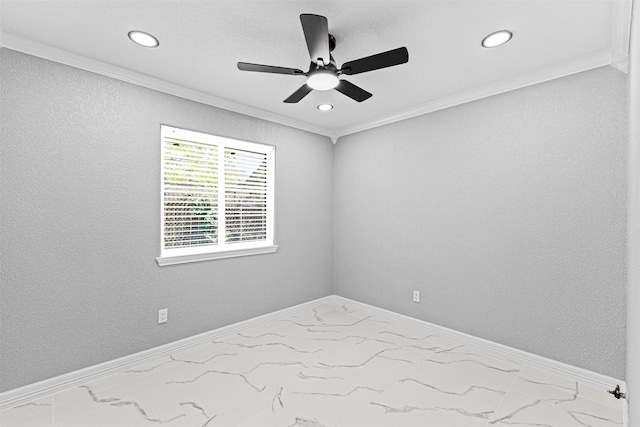 unfurnished room with baseboards, recessed lighting, a ceiling fan, marble finish floor, and crown molding