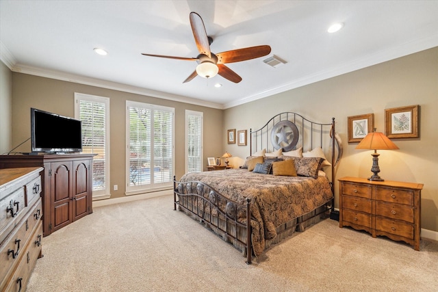 bedroom with visible vents, carpet flooring, and ornamental molding