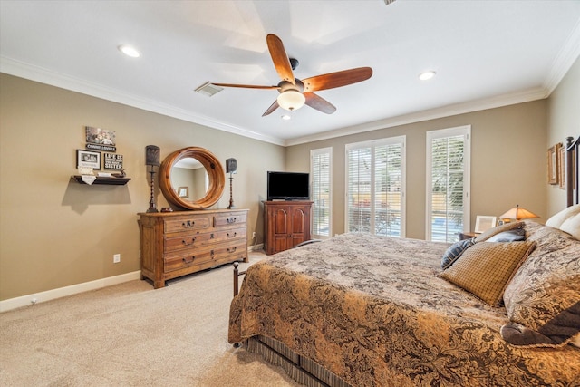 bedroom featuring baseboards, visible vents, recessed lighting, and light colored carpet