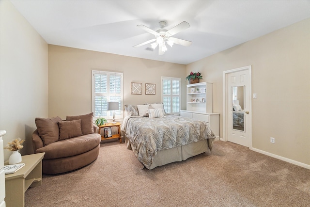 bedroom featuring carpet, visible vents, and ceiling fan