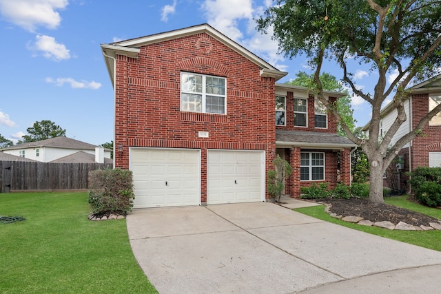 traditional home featuring fence, concrete driveway, brick siding, a front yard, and a garage