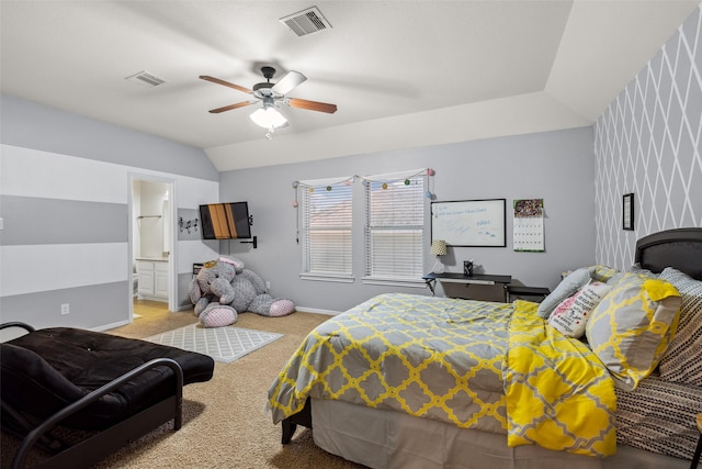bedroom with baseboards, carpet flooring, vaulted ceiling, and visible vents