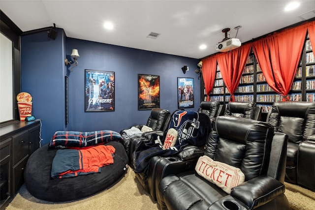 home theater room featuring carpet flooring, visible vents, and recessed lighting