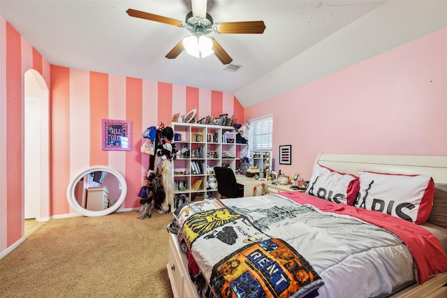 bedroom with baseboards, visible vents, carpet, wallpapered walls, and ceiling fan