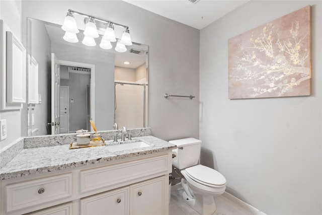 bathroom featuring a shower stall, vanity, baseboards, toilet, and visible vents