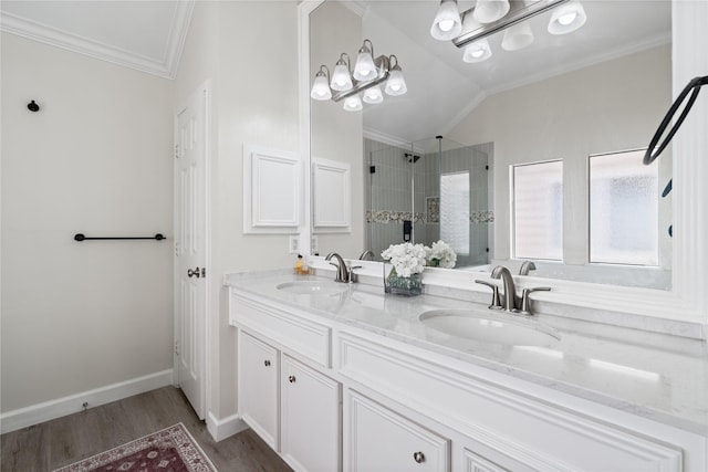bathroom with ornamental molding, a shower stall, wood finished floors, and a sink