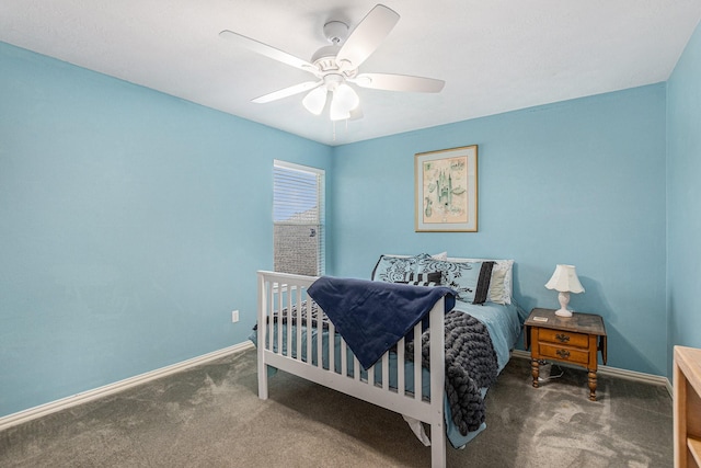 bedroom featuring carpet floors, baseboards, and ceiling fan