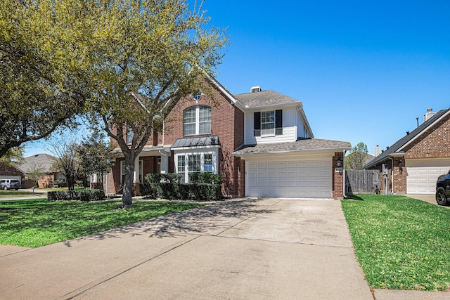 traditional home with driveway, a front yard, brick siding, a garage, and fence