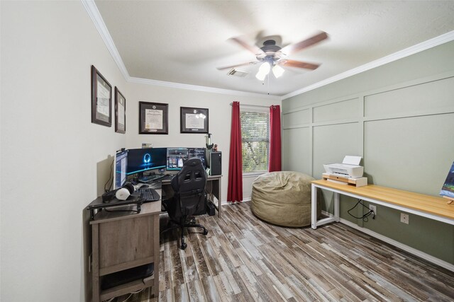 38 Wineberry Pl, The Woodlands, TX 77382 - office area with a ceiling fan, wood finished floors, and ornamental molding