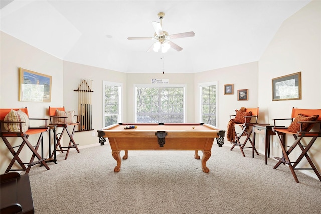 4304 Newcastle Ct, Bryan, TX 77802 - rec room featuring carpet floors, a ceiling fan, pool table, baseboards, and vaulted ceiling
