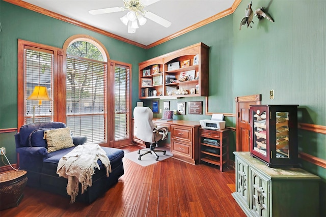 4304 Newcastle Ct, Bryan, TX 77802 - office space with dark wood-style flooring, ceiling fan, and ornamental molding