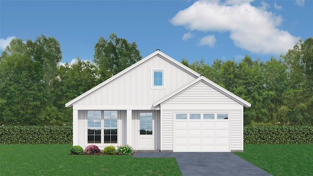 view of front facade featuring board and batten siding, driveway, and a front lawn