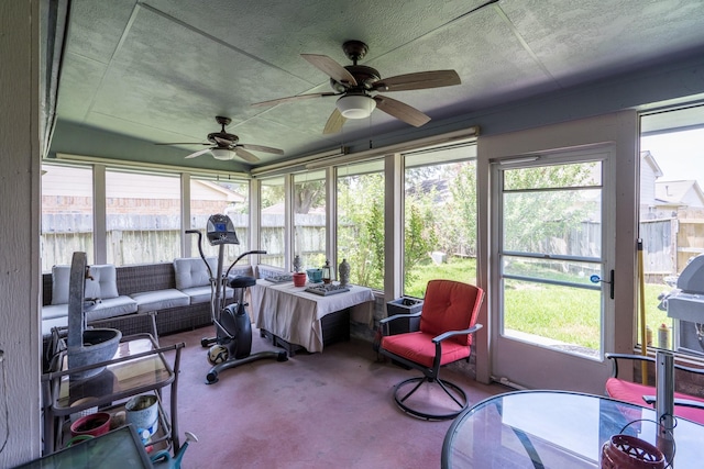1814 Cliffdale Dr, Missouri City, TX 77489 - sunroom featuring carpet flooring, ceiling fan, and an outdoor hangout area
